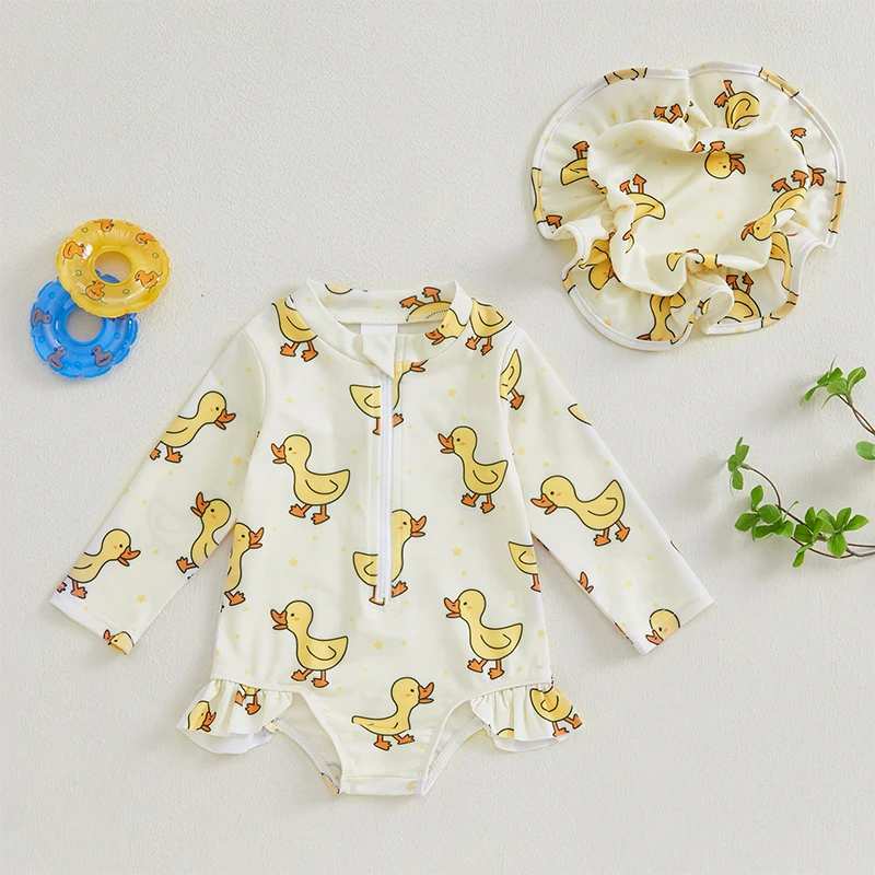 

3-24M Infant Baby Girls Rash Guard Swimsuit Rompers Long Sleeve Duck Print Ruffles Swimwear Beach Bathing Suit with Swim Caps