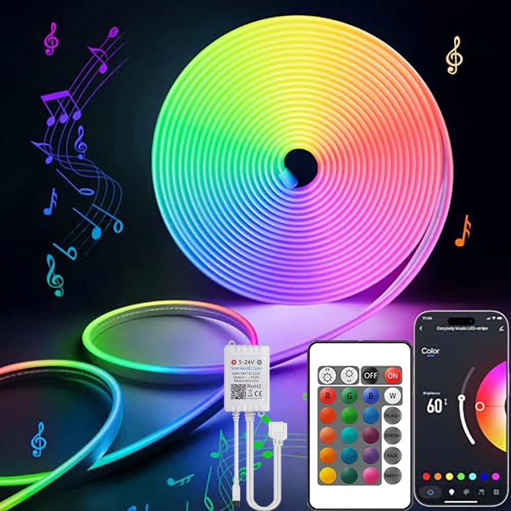 

15M LED Strip Light With Silicone Neon Light With 24V RGB 2.4G Tuya APP Control Suitable for Room Decoration Atmosphere Light