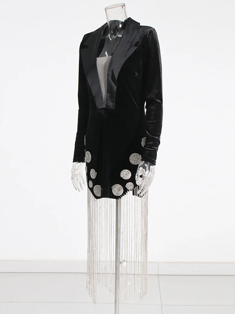 CHICEVER Solid Sexy Valentine Dresses for Women V Neck Long Sleeve High Waist Patchwork Tassel Bodycon Mini Dress Female Fashion