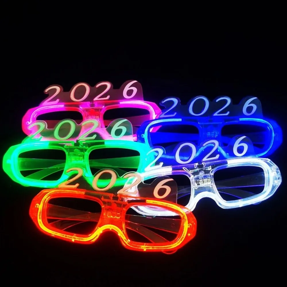 LED Glow 2026New Year Glow Glasses Number Letter Square/Love Heart Shape 2026 LED Glow Glasses Colorful Plastic