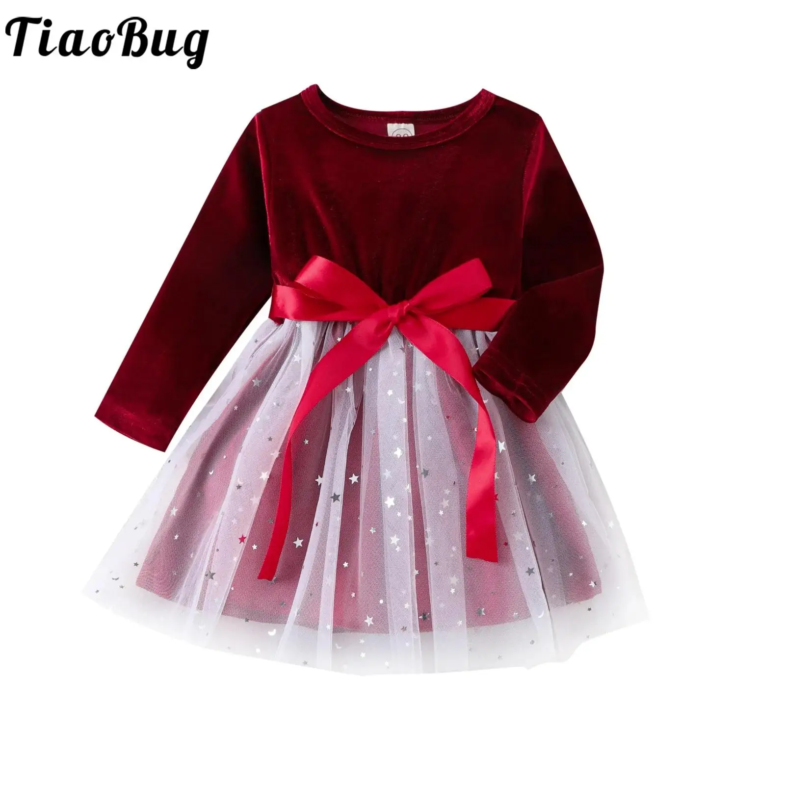 

Toddler Baby Girls Christmas New Year Party Costume Tutu Dress Long Sleeve Stars Mesh Velvet Dresses for Xmas Birthday Wedding