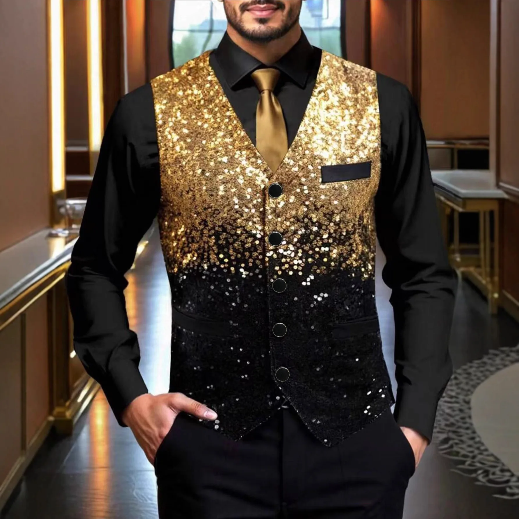 Autumn And Winter Men's Gradual Change Of Color Sequined Suit Vest Nightclub Bar Receptionist Dress