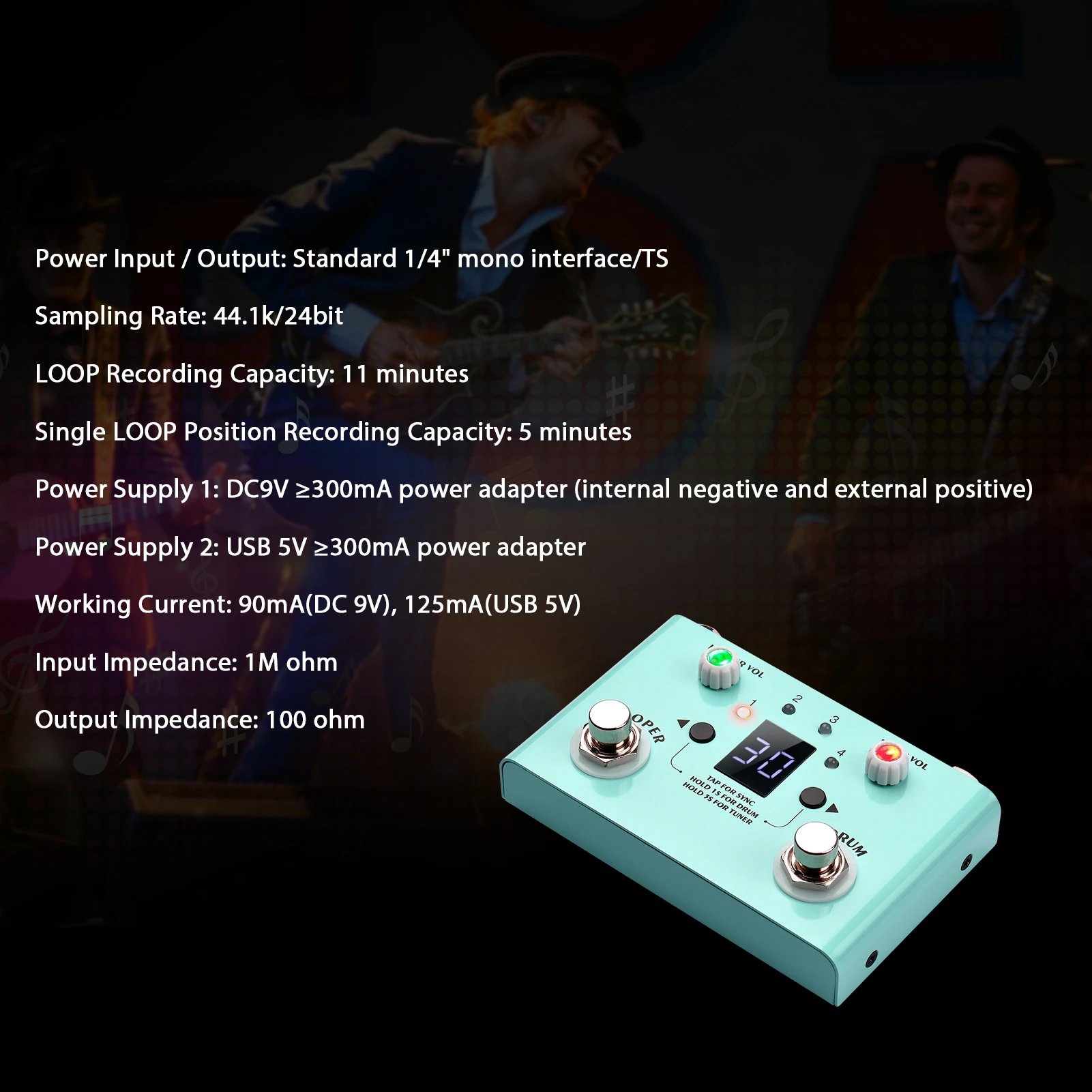 M-vave Lost Tempo Drum Machines Looper Pedal incorporado 30 tambores 11 minutos de tiempo de recificación sintonizador de alta precisión Pedal de efecto de guitarra