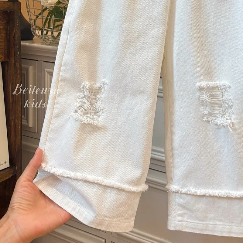 Spring and Autumn Girls' Casual Pants Baby Children's Edge Ripped White Wide Leg Pants solid pants casual