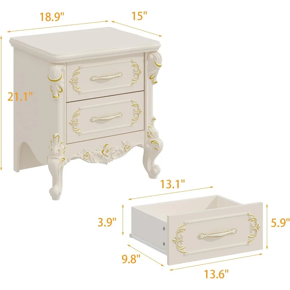 Table de chevet moderne du milieu du siècle avec 2 tiroirs, tables d'appoint sculptées pour chambre à coucher, meubles de style campagnard français