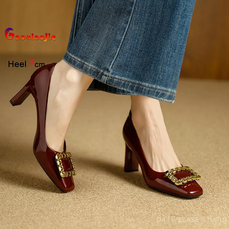 

2026 Fashion Women's Pumps Coarse Heel Single Shoes Square Head Shallow Mouth Square Buckle High Heels Shoes Ladies Work Heels