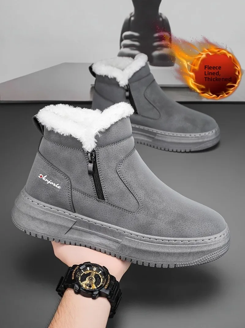 

Men's Winter Snow Boots 2025 New Style Fur Leather Integrated Thickened Zipper Warm Cotton Shoes Anti-Cold Short Tube Casual ...