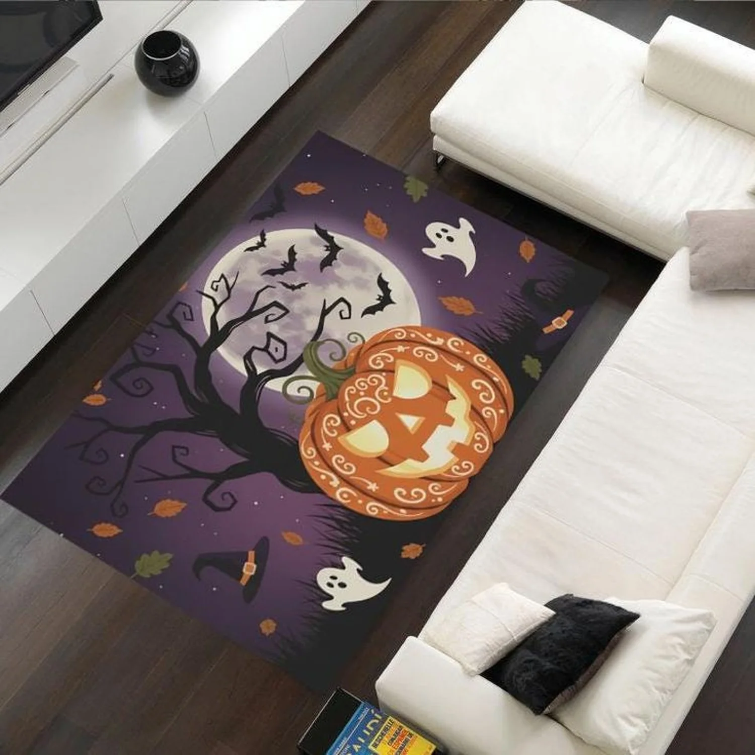 Halloween Pumpkin Rug_Quirky Bat, Ghost, and Witch Hat Design.