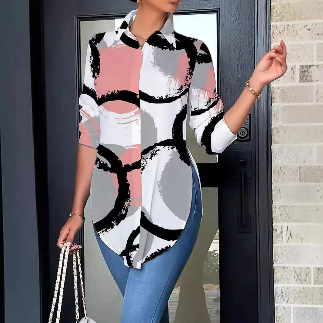 Casual Print Long Shirt Blouse Women Fashion Button Long Sleeve Shirts For Women 2024 Elegant Slim Irregular Autumn Winter Tops