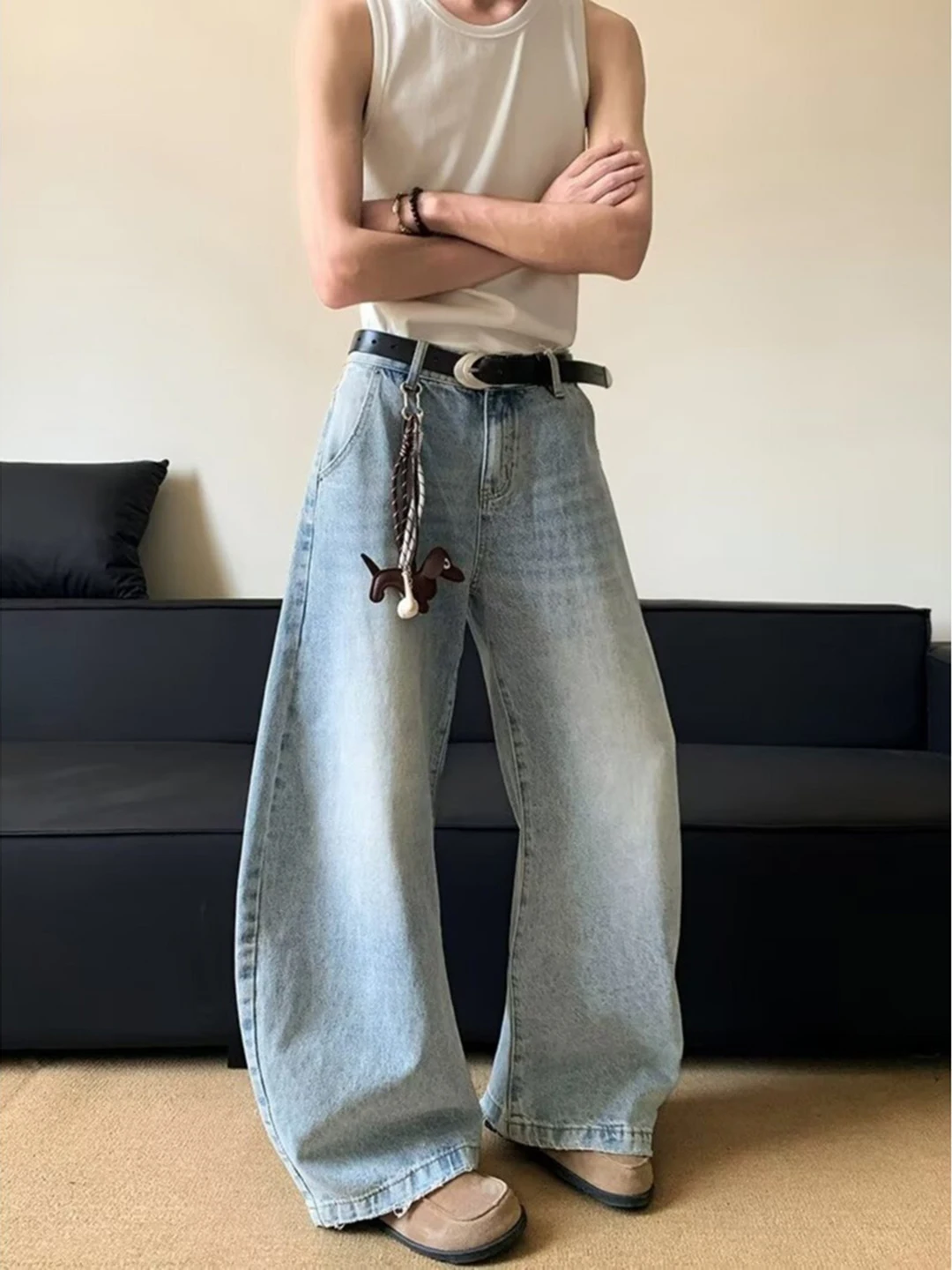 

Retro American Cleanfit Blue Washed Curved Knife Jeans Loose Casual Unisex Wide Leg Pants Straight Tube Jeans for Teens