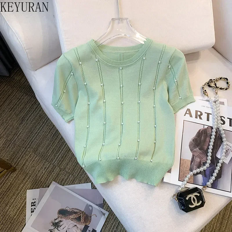 2024 Summer New Short Sleeve Sweater Women Ice Silk Knitted T-shirt Thin Slim O-Neck Peals Beading Pullover Knitwear Tops Tees