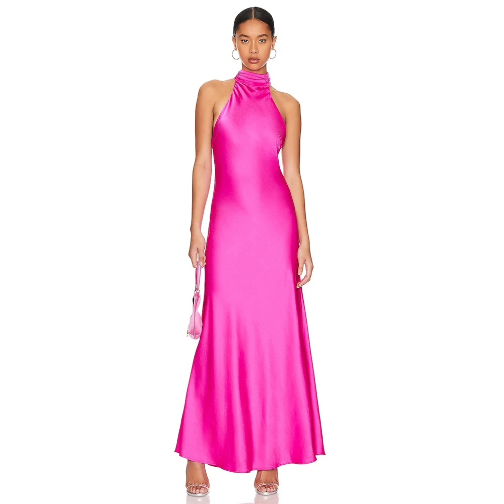 

Sexy Birthday Party Dresses Satin A-line Homecoming Gown Hot Pink Halter Bow Shawl Ruched Graduation Dress Maxi 2024