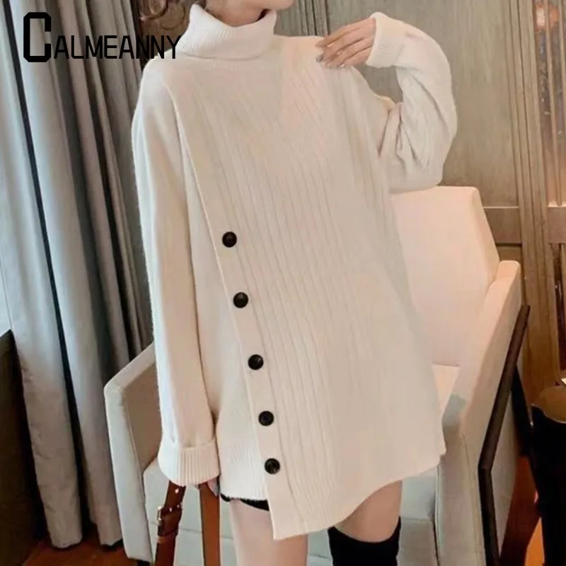 Fashion New Style Turtleneck Sweater 2024 Autumn Winter Long-sleeve Solid Button Side Split Loose Knit Pullover All-match