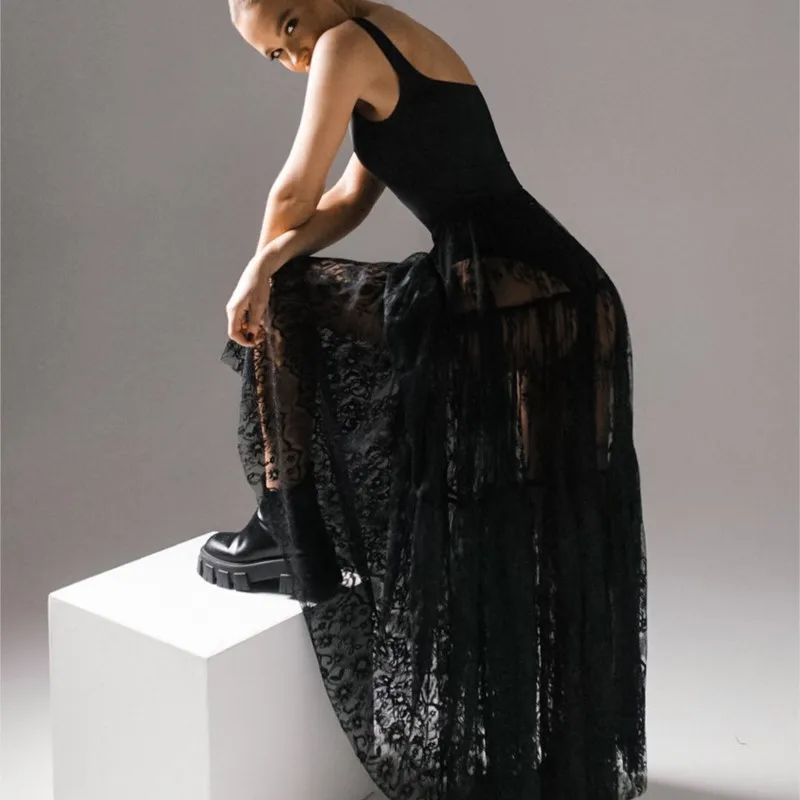 Fashion Perspective Mesh Skirts 2025 Spring Summer High Waist Big Swing Lace Hollow Out Black Skirt Sexy Girl Loose Party Dress