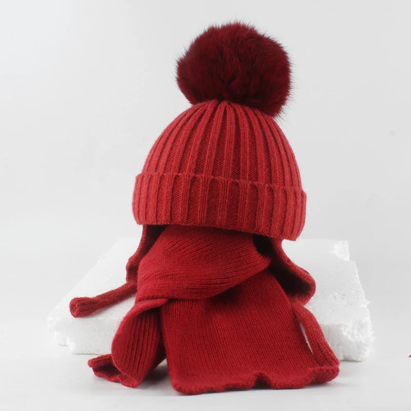 Winter Hat Scarf Set Kids Real Fox Fur Pompom Ball Beanies Baby Warm Knitted Wool Hat Toddler Earflap Skullies Girls Boys Bonnet