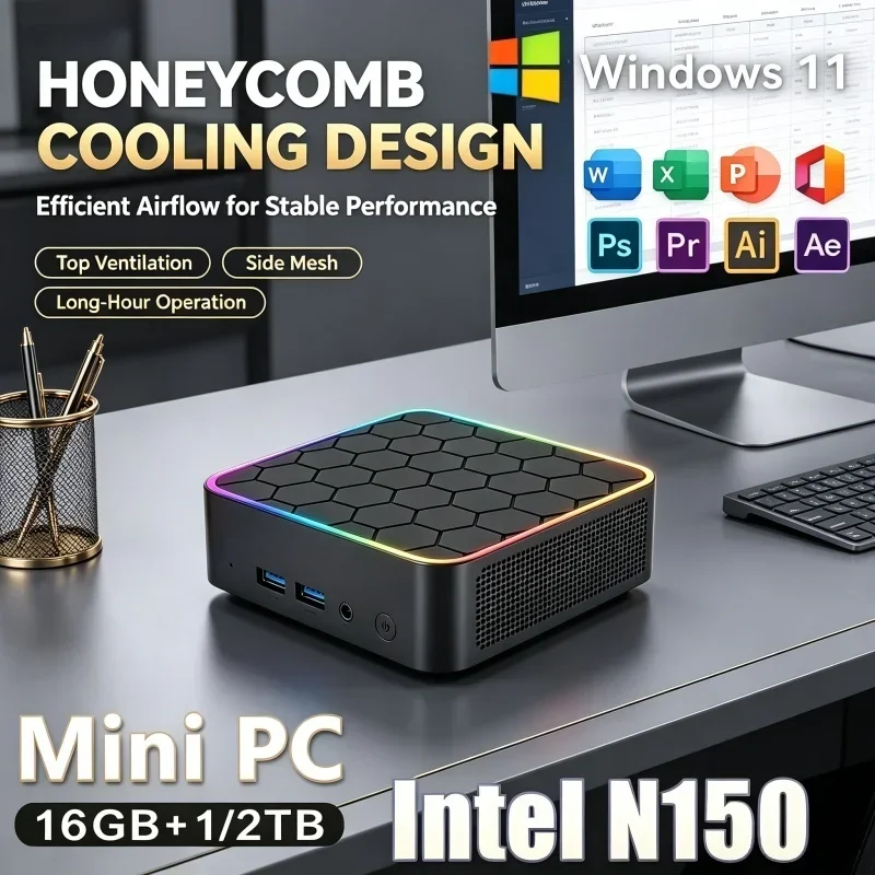 New Core N150 Hot 2026 Mini PC Hexagonal Surface Rainbow RGB Edge Compact Computer For Office Daily Use