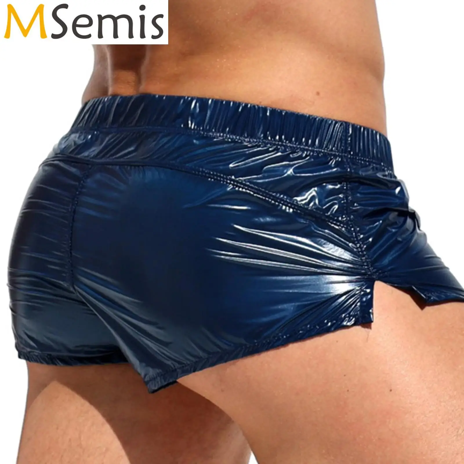 Mens Glossy Swimming Trunks Low Rise Sides Slit Solid Color Slim Fit Shorts Male Swimwear Swimsuit Pool Party Nightclub Costume