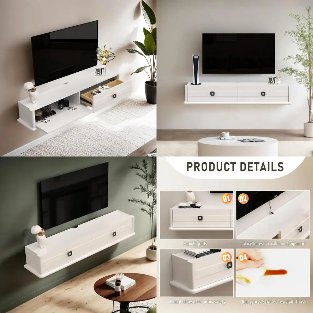 51 White Solid Wood Floating TV Stand with Door, Drawer, and Under Shelf for TVs up to 60