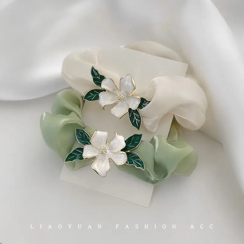 

Gardenia Flower Hair Scrunchie Large Chiffon Ponytail Elastic Hair Band Korean Style Women’s Fashion Elegant Hair Accessories