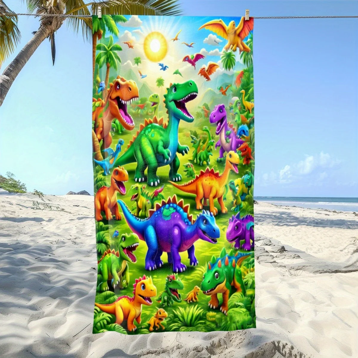Colorful Dinosaur Paradise Beach Towel Soft Absorbent Lightweight Quick-Dry Polyester Beach Towel Perfect for Beach Pool Travel