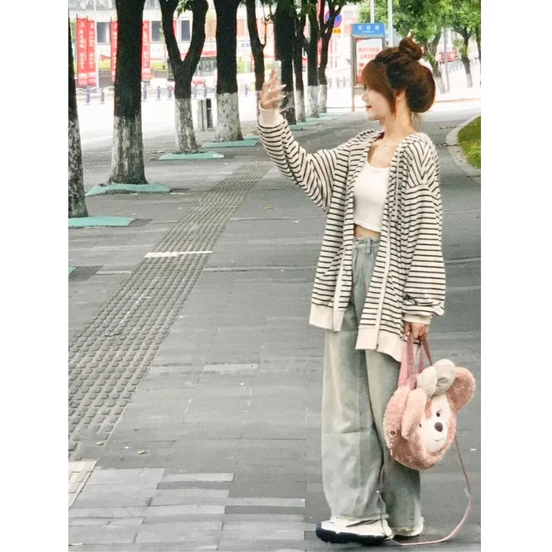 Amerykański sweter z kapturem w paski, luźny, damski, lekki, długi, oversize, kardigan na wiosnę i jesień, modny, do pracy, styl koreański...