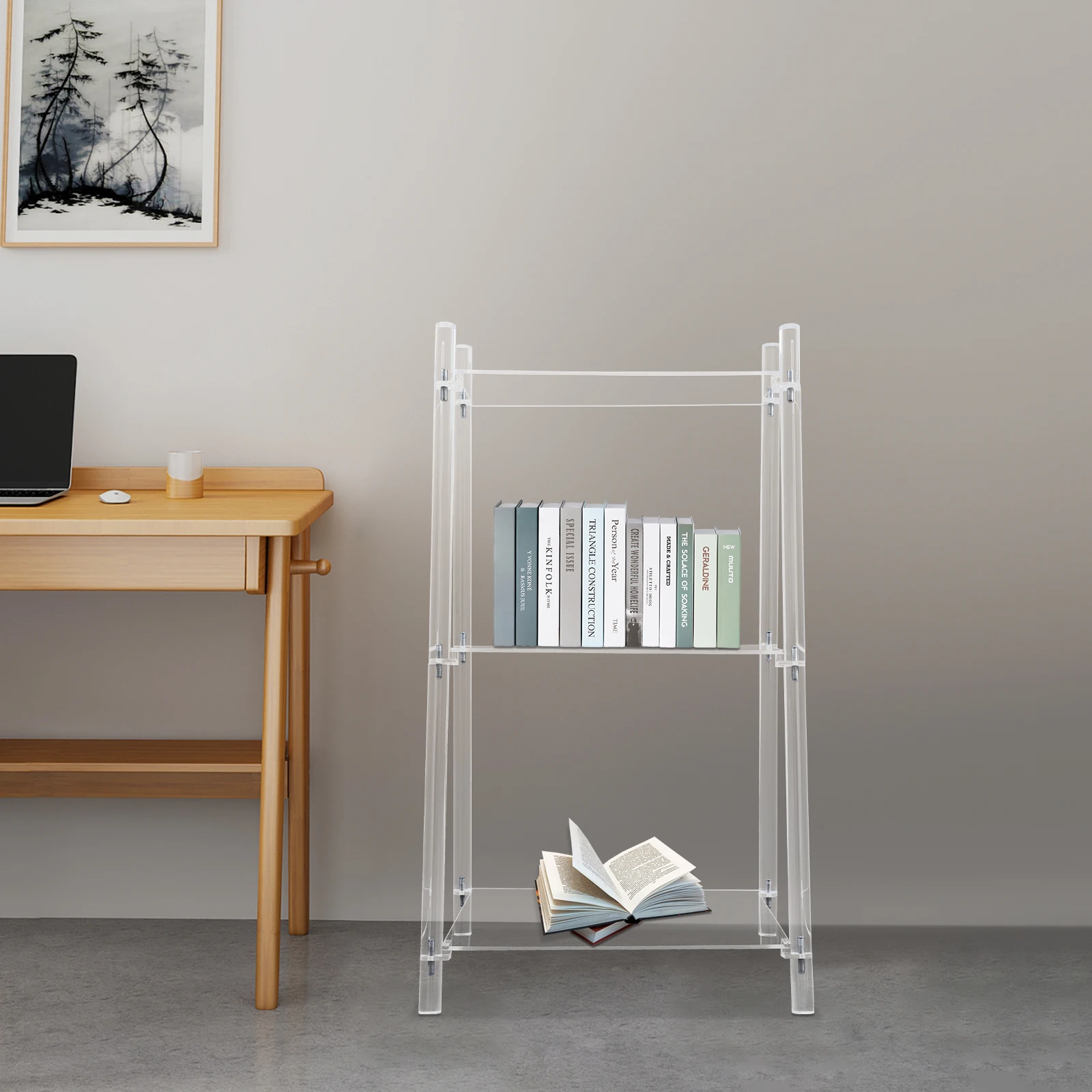 رف كتب على شكل سلم أكريليك، رف كتب شفاف من 3 طبقات، رف كتب متعدد الأغراض لغرفة المعيشة والحمام والمكتب