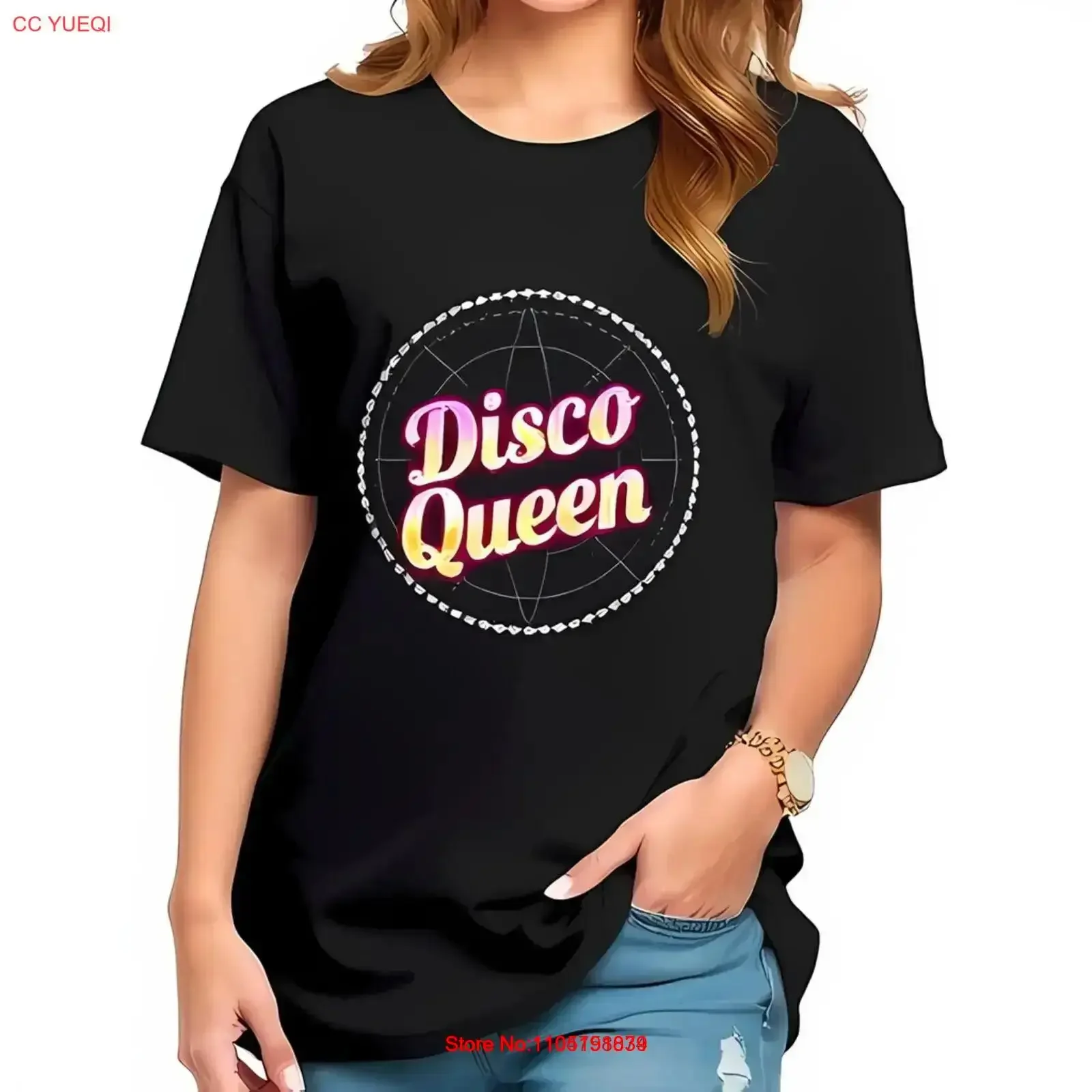 تي شيرت ديسكو كوين القطني بنمط دائري لامع، ملابس شارع مريحة مغسولة بالكامل للارتداء اليومي