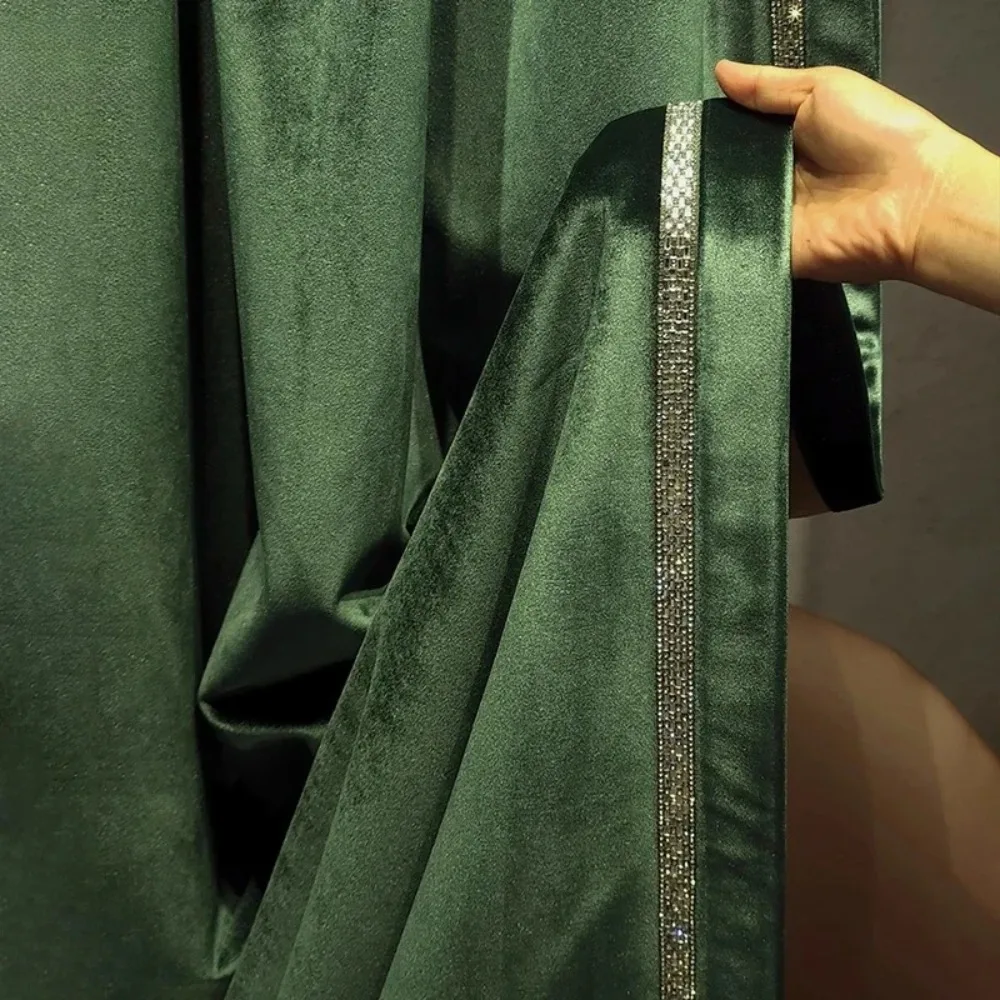 American Green Light Luxury Diamond Curtain Full Blackout New European Velvet Curtains For Living Dining Room Bedroom Custom