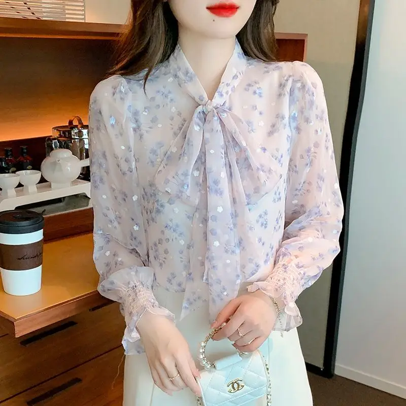 Women's Spring Autumn Bow Lace Up Chic Sweet Button Up Shirt Korean Fashion Print Chiffon Blouse Long Sleeve Tops Blusa Feminina