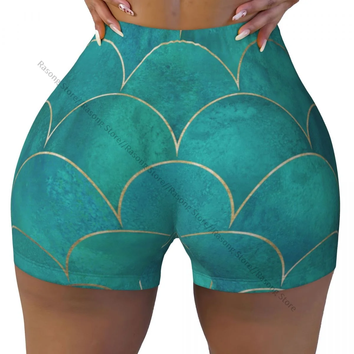 Sexy tight hip sports shorts Mermaid Fish Scale Japanese Wave fitness women's comfortable yoga shorts