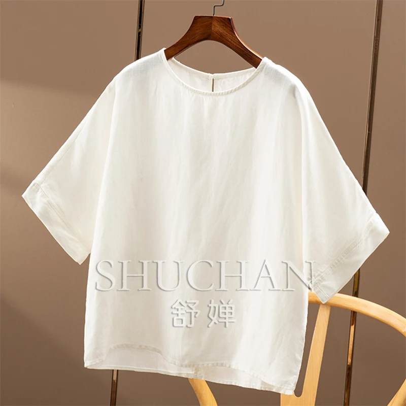 Simple and easy to wear method High quality lyocell linen loose round neck seven-quarter sleeve shirt new women's 45C1