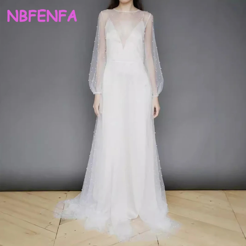 White O-Neck Light Wedding Dresses Korean Simple Long Sleeve Pearl Decoration Bride Photo Shoot Dress Chiffon Trailing Dresses