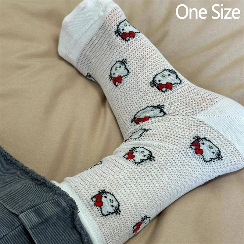 Cartoon Sanrio Socks Cute Hello Kitty Bow Mid-tube Socks Cotton Thin Sports Mesh Hollow Breathable Socks Sweet Girly Heart Gifts