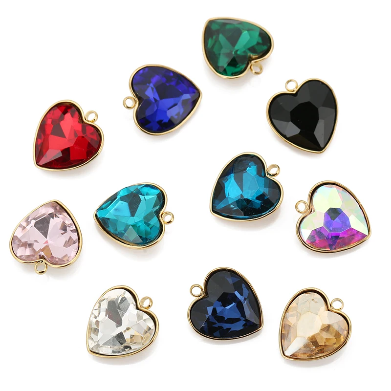 5pcs/lot Stainless Steel Heart Glass Pendant Faceted Glass Crystal Charms for Bracelets Earring Necklace Jewelry Making Supplies