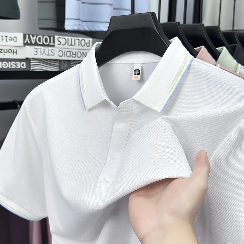 

Мужская рубашка поло с коротким рукавом из смеси шелка шелковицы, высокое качество, дышащий воротник с лацканами, летняя горячая распродажа, новая футболка, мужская одежда