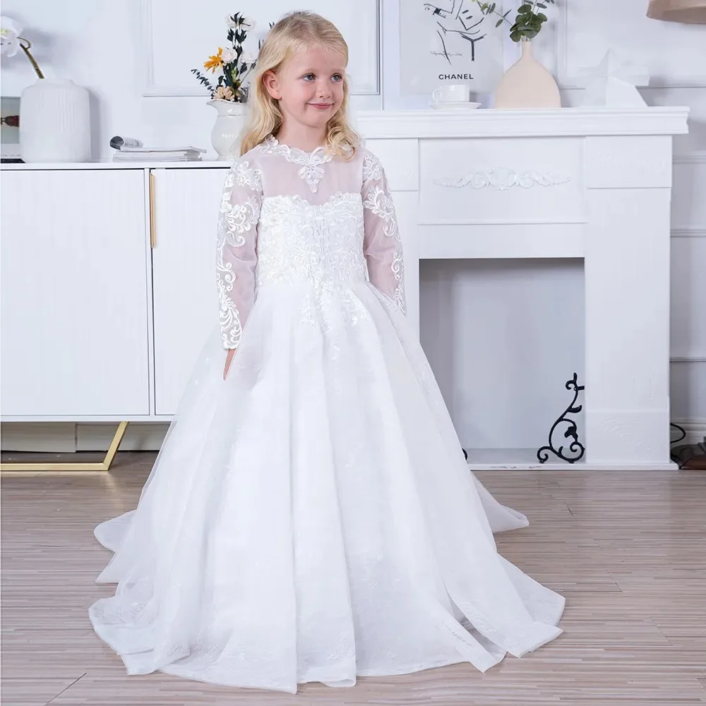 Customized White Little Bridesmaid Dresses Ivory Illusion Lace Appliques O-Neck Long Sleeves Flower Girl Dress Bow Tulle Train