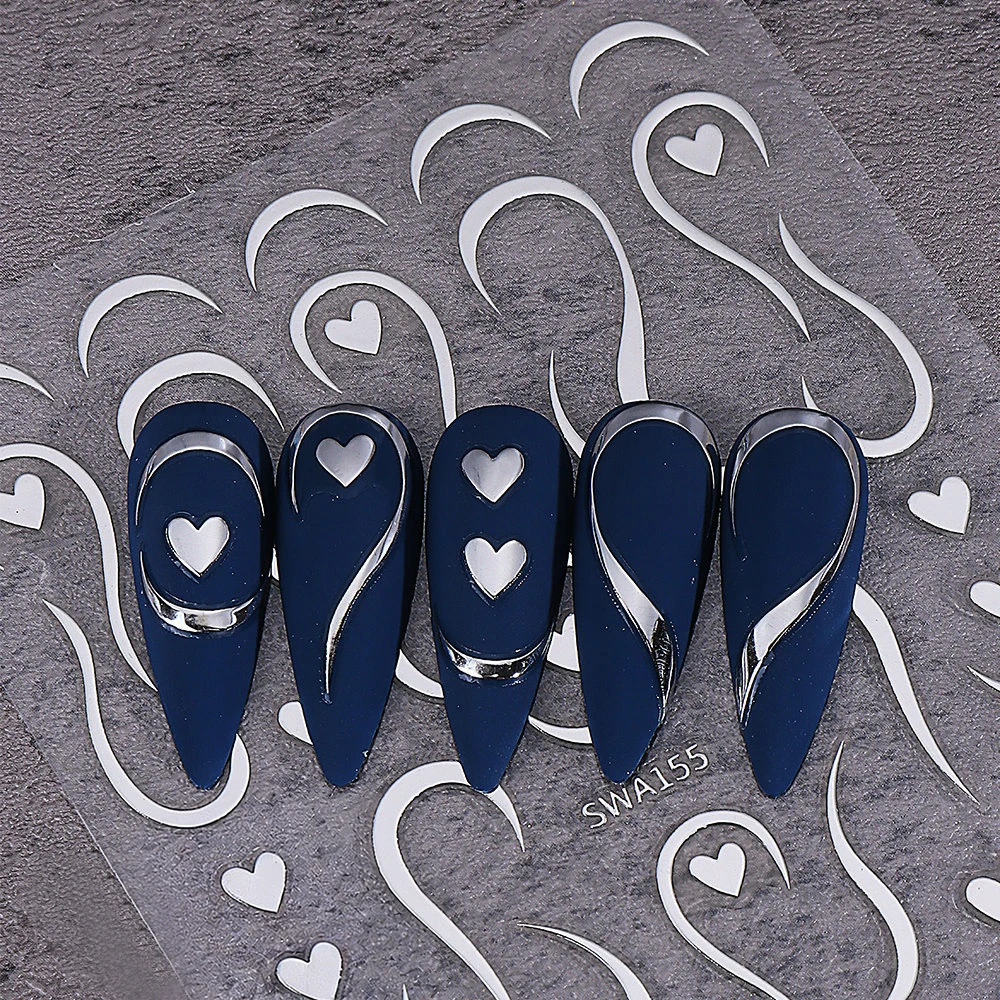 Autocollants pour ongles en forme de cœur, lignes françaises en métal, or/argent, vague d'amour, décalcomanies simples pour la saint-valentin, 1/2 pièces