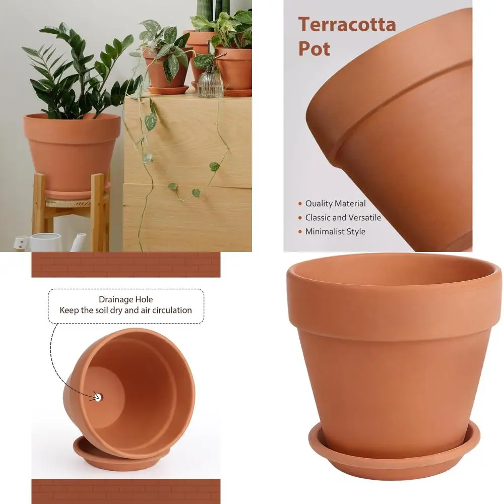 

12-дюймовый терракотовый горшок с дренажным отверстием - большой цветочный горшок для использования в помещении или на улице с поддоном