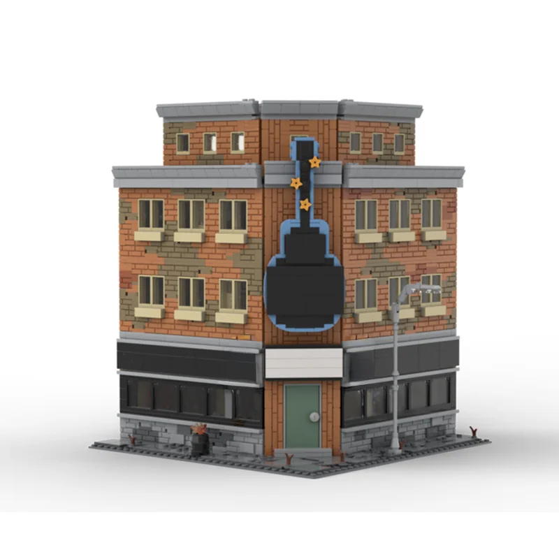 Modelo de Bloco MOC de Pub de Música Rock Falowt com Sinal Gigante de Guitarra, Vista de Rua para 247617 moc