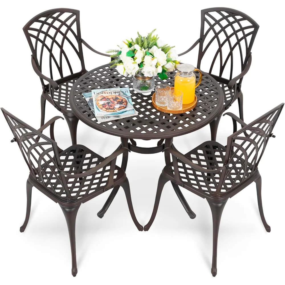 

5 Piece Outdoor Patio Dining Set, All-Weather Round Cast Aluminum Dining Table
