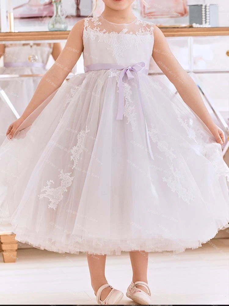 

Бальное платье, платье с цветочным узором для девочек на свадьбу, тюлевое платье с прозрачным вырезом и аппликацией для первого причастия с лентой, праздничное платье на заказ