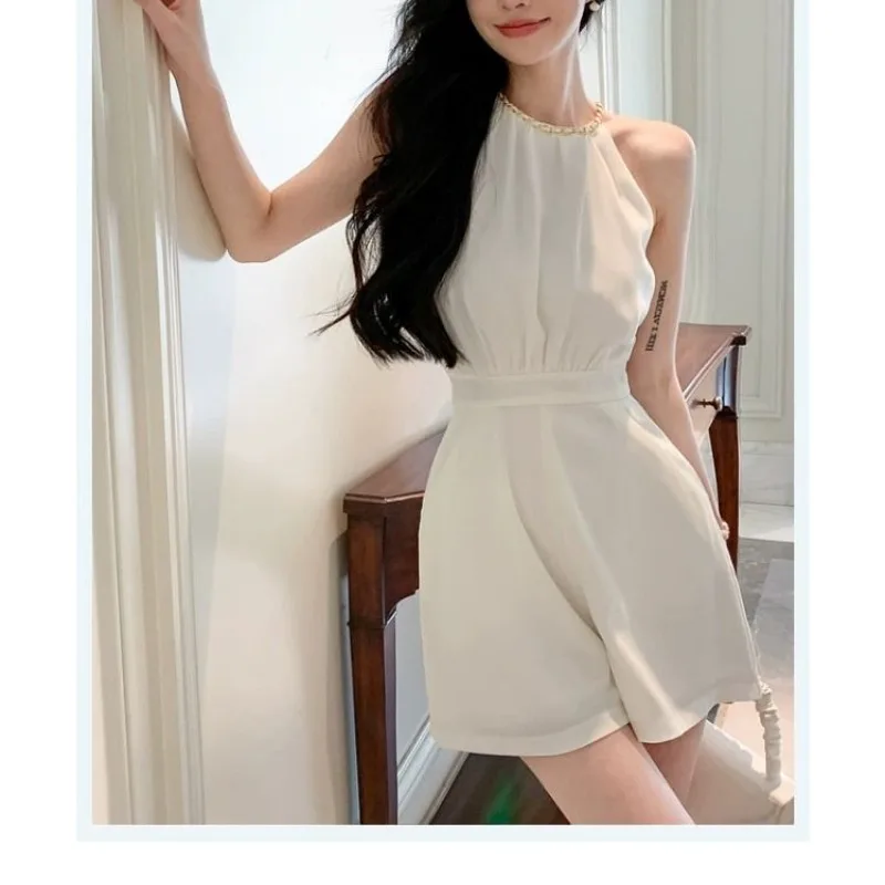 Summer Women's Halter Pullover Solid Color Sleeveless High Waisted Rivet Casual Sexy Jumpsuits Clothing Korean Fashion Rompers