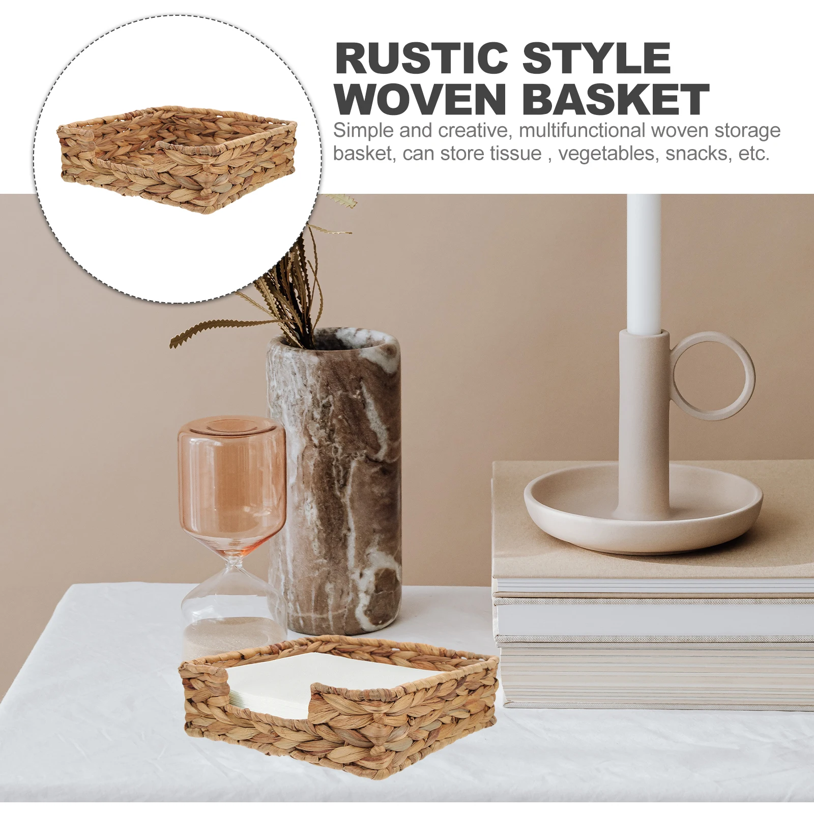 

Creative Rustic Style Woven Basket Square Napkin Holder Tissue Box Desktop Organizer for Home Cafe Household Napkin Box