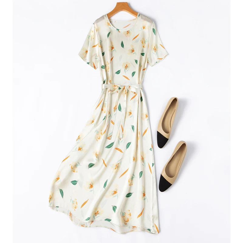 

Beige Floral Printed A-Line Long Dress for Women 100% Mulberry Silk 19 Momme O Neck Belted Waist 2026 Fashion Dress M1350