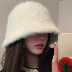 Rabbit Fur Bucket Hat Plush Bucket Hat Soft Warm dla kobiet Winter White Black Knitted Fisherman Hat Soft Warm Girls Basin Hats