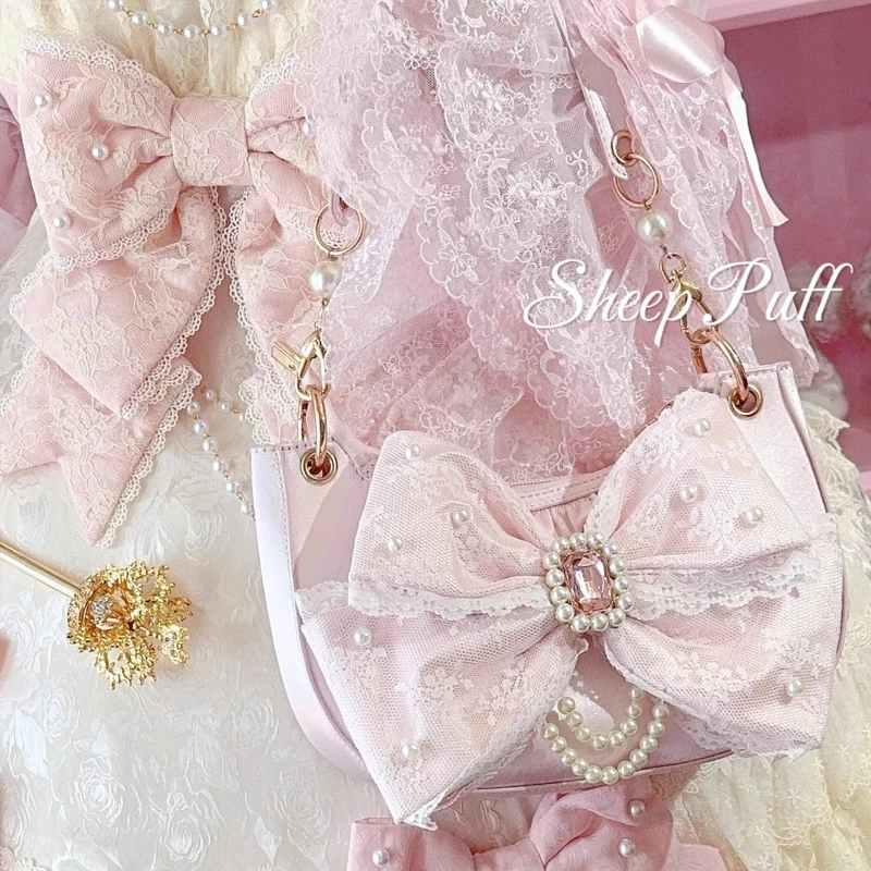 Original Sweet Girl's Cute Big Bow Lolita Crossbody Bag 2025 New Women's Pearl Chain Pink Princess Handbag Lo Shoulder Bags