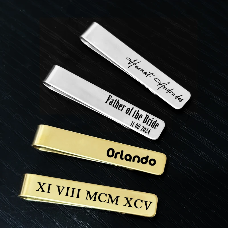 Custom Logo Name Date Number 4.8*0.8 cm Tie Clip For Men Steel Silver Color Gold Business Tie Pin Clasp Necktie Customization