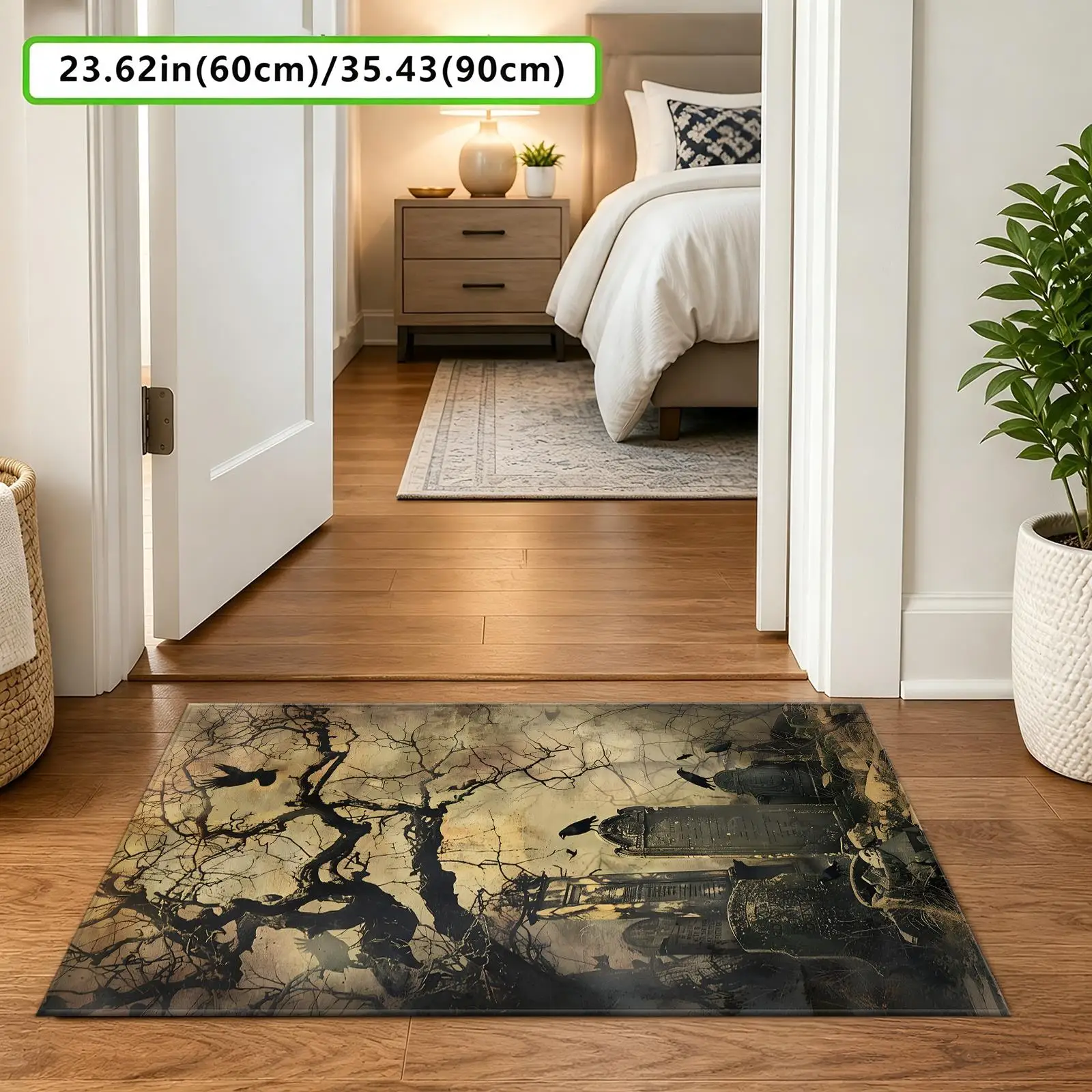 1pc 2D Flat Vintage Graveyard Tombstone Crow Spooky Tree Printed Floor Mat, Decorative Rug for Living Room, Bedroom, Home