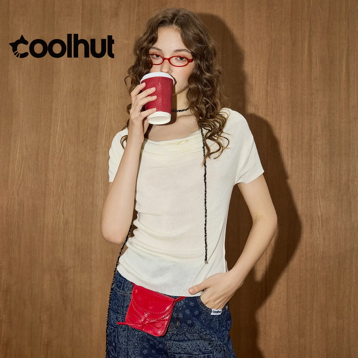 

COOLHUT Women's 2025 Off Shoulder Smocked Knit Top Slim Fit Ruffle Neck Solid Color Summer Essential Versatile Stretch Blouse