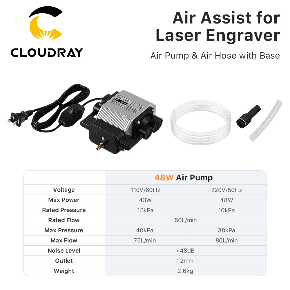 Cloudray 48W Adjustable 80L/min Air Assist Pump with Flexible Air Hose for CO2 Fiber Laser Engraver Marking Machine